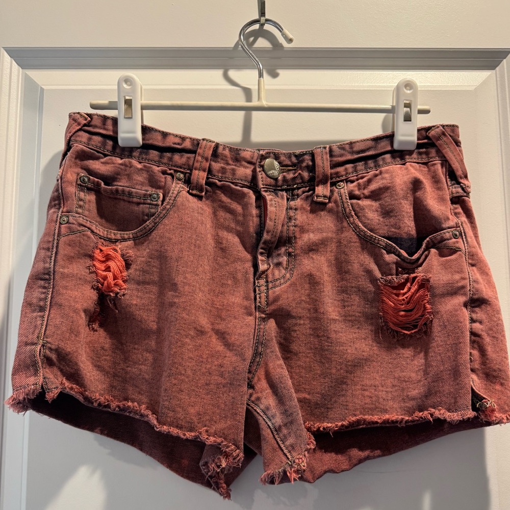 Free People Distressed Pink/Red Denim Shorts